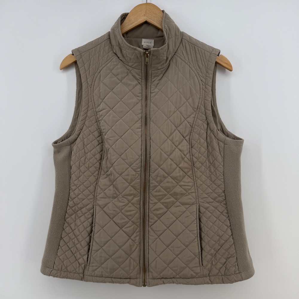 Aspen Womens Quilted Full Zip Vest Taupe Brown XL Mock Neck Ribbed Sides